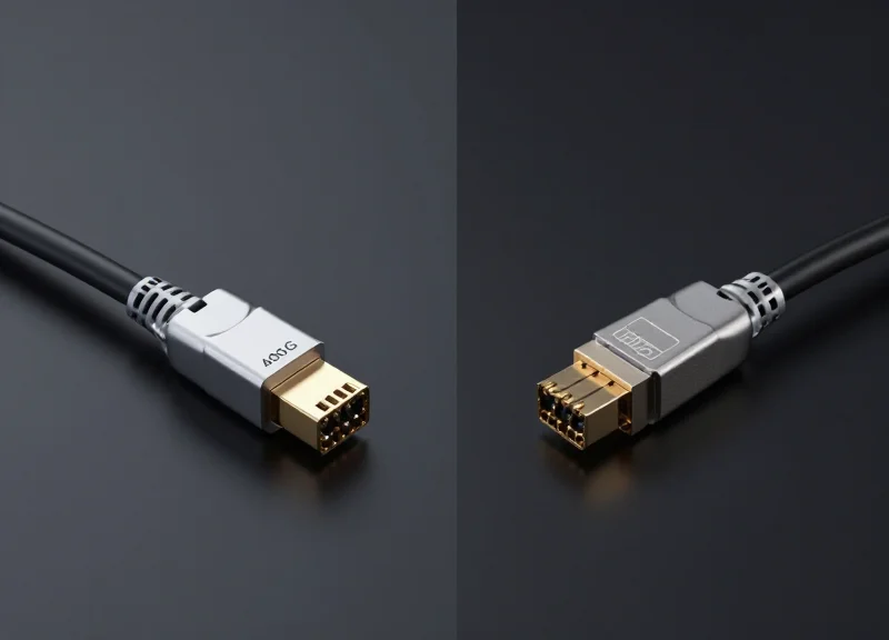 A side-by-side comparison of 400G AOC and DAC high-speed networking cables on a sleek dark surface with professional studio lighting.