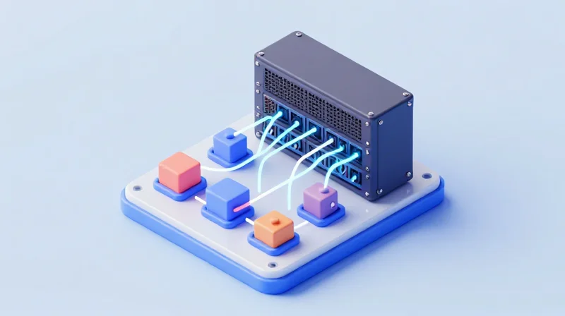 3D isometric model of a customizable network module system with glowing connections.