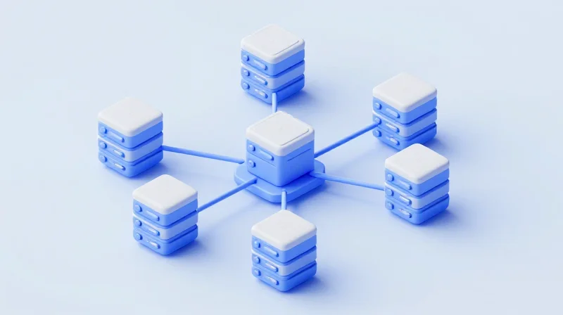 The Evolution of Data Center Design: Why Leaf-Spine? Isometric 3D illustration showing the connectivity between leaf and spine switches in a network topology.