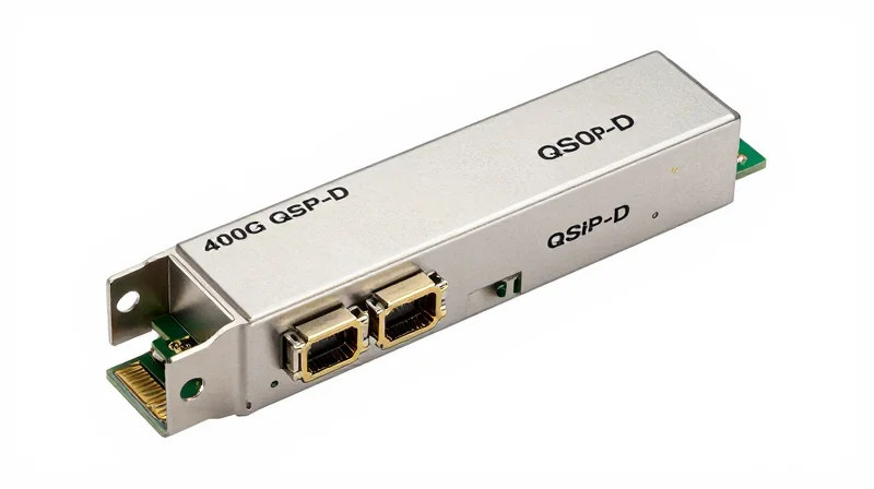 Critical Optical Hardware: QSFP-DD and OSFP Professional product photograph of a 400G QSFP-DD optical transceiver on a white background.