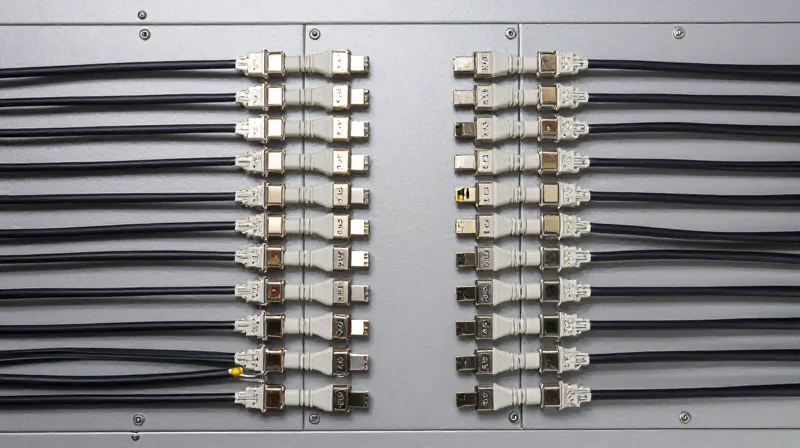 Cabling Strategies for 400G Interconnects Top-down flat lay view of various networking cables and optical fibers neatly organized.