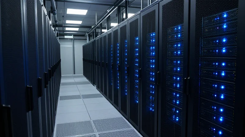 Real-World Applications: AI, HPC, and Hyperscale Clouds Cinematic wide-angle view of a modern data center server room with blue LED lighting.