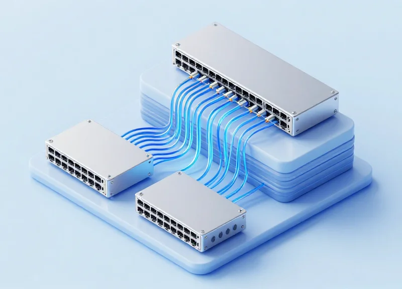 An isometric 3D illustration showing a leaf-spine network architecture with interconnected nodes and glowing data paths in a clean data center concept.