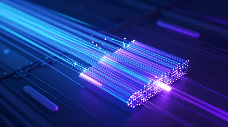 Latency Benchmarks: Eliminating Bottlenecks in 400G Environments Abstract visualization of fast data packets moving through a fiber optic network representing low latency.