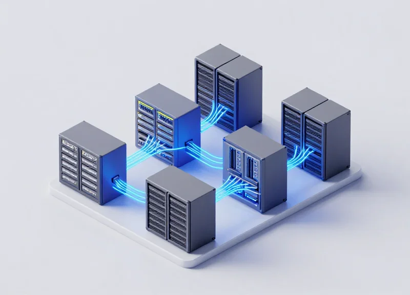 An isometric 3D illustration of a sophisticated data center network topology with interconnected server racks and glowing data pathways.