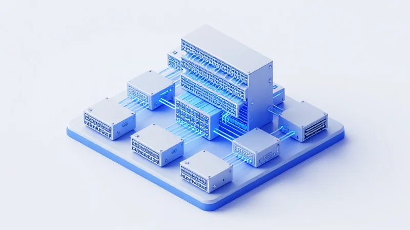 Isometric 3D illustration of a leaf-spine network architecture showing layers of switches connected by fiber optics.