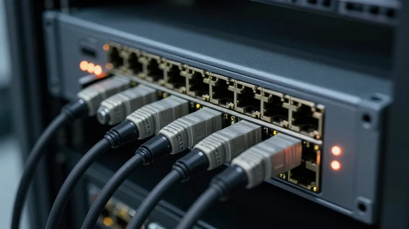 Close-up photorealistic shot of high-quality network hardware in a professional data center rack.