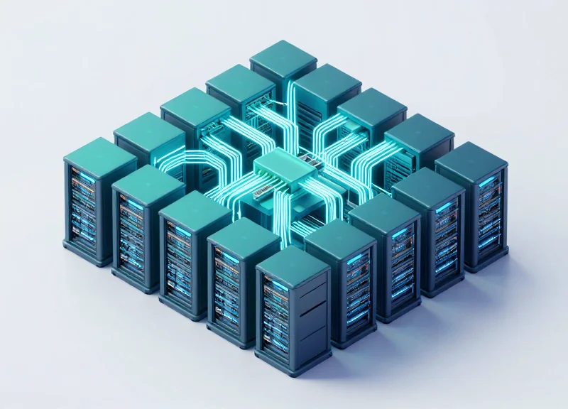 An isometric 3D illustration showing a sophisticated leaf-spine network architecture with interconnected server nodes and glowing fiber-optic data lines in a clean tech environment.