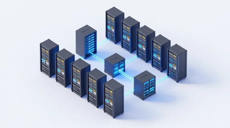 Isometric 3D illustration of a modern 400G leaf-spine network architecture showing connected server racks and switches.