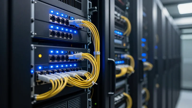 A professional view of a data center server aisle with 400G hardware and cooling systems.
