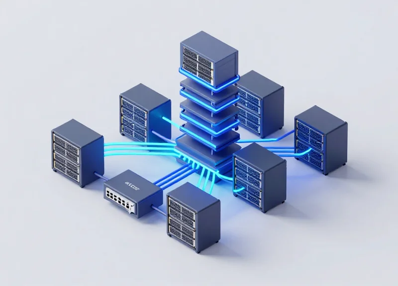 An isometric 3D illustration of a modern data center network topology featuring a structured leaf-spine architecture with interconnected switches and glowing data pathways.