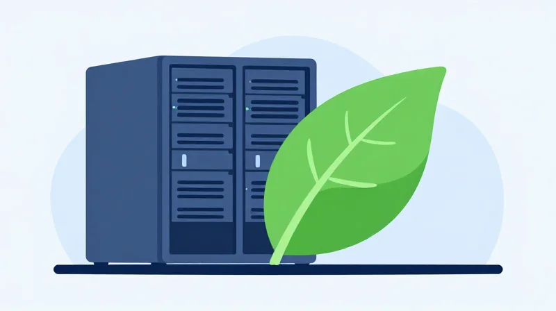 Economic Advantages: Power, Cooling, and CAPEX Savings Flat vector illustration of a network server rack being cradled by a large green leaf, representing eco-friendly data center technology and energy savings.