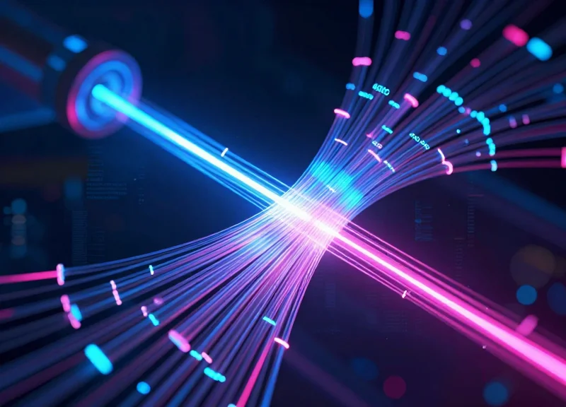 An abstract visualization of high-speed fiber optic data transmission with intense glowing light pulses traveling through sleek glass filaments.