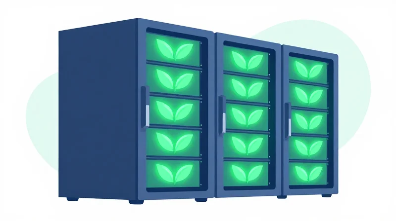 Power Consumption: Achieving Green Data Center Goals Conceptual illustration of a server rack integrated with green leaves representing energy savings.
