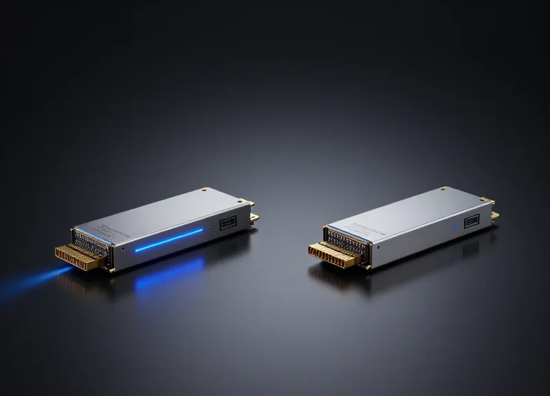 Two different optical transceiver modules placed side-by-side on a sleek dark surface, one representing single-lambda technology and the other representing multi-lane alternatives, professional studio lighting.