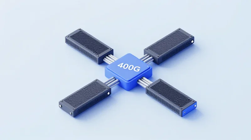 Scaling to 400G: The Power of 4x100G Architecture Isometric 3D model showing the aggregation of four 100G lanes into a 400G network architecture.