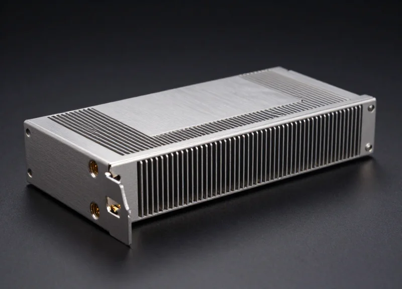 A premium high-speed optical transceiver module for global network solutions, featuring a brushed metal finish and sleek industrial design, captured in a professional studio setting.