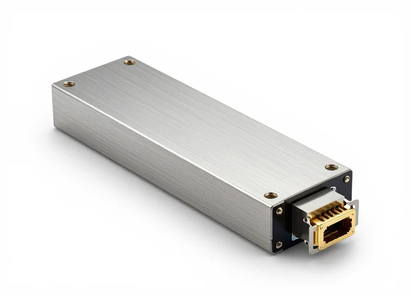 Professional studio shot of a high-speed 400G optical transceiver module with a sleek metallic finish and gold connectors on a clean background.