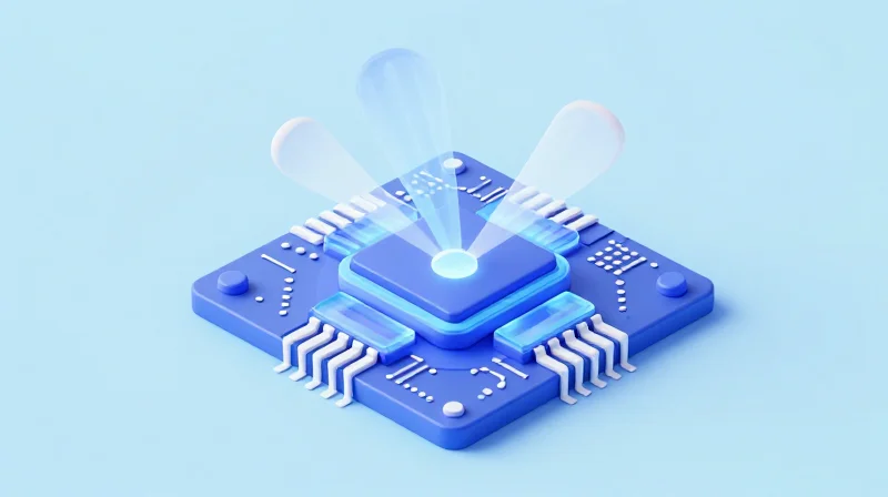 The Fundamentals of Silicon Photonics Technology Isometric 3D illustration of a silicon photonics microchip integrating light paths and electronic circuits.