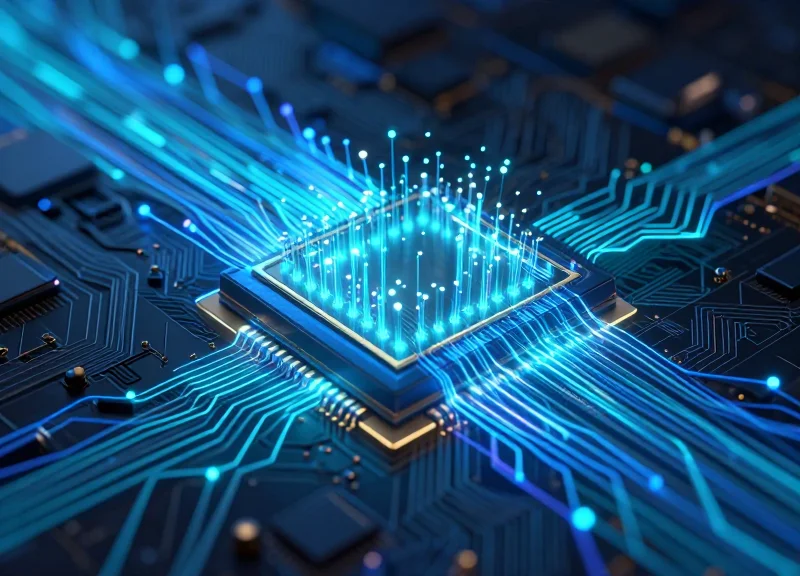 An abstract high-tech visualization of silicon photonics technology showing glowing data streams and light particles flowing through a digital circuit architecture.