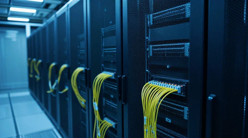 Real-World Applications in High-Performance Computing (HPC) Modern high-performance computing data center with blue ambient lighting.