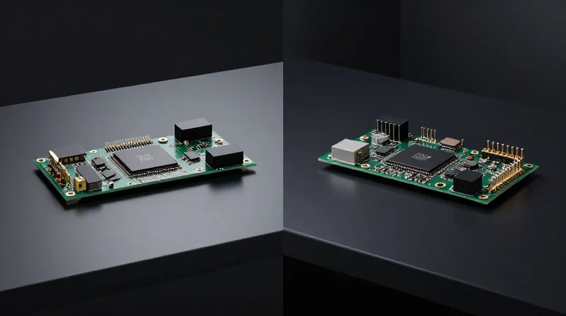 Side-by-side comparison of a silicon photonics integrated chip and traditional discrete optical components.