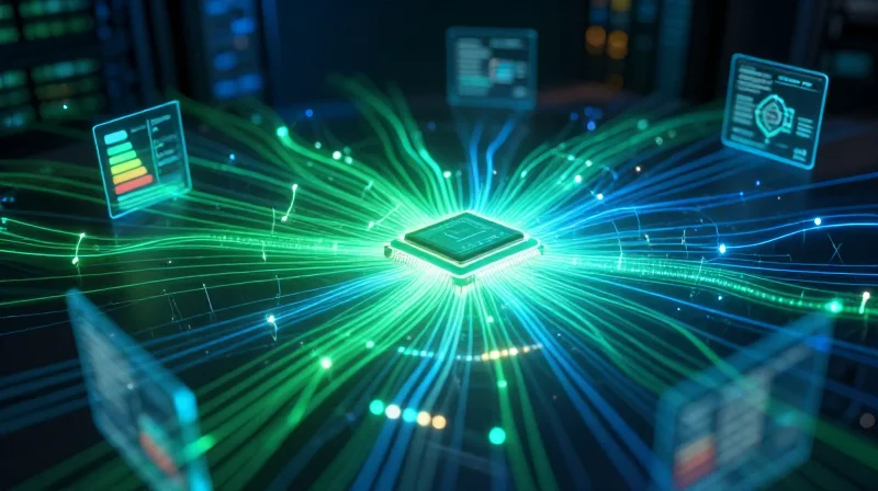 Conceptual representation of power efficiency in an integrated optical circuit with glowing green energy pulses.