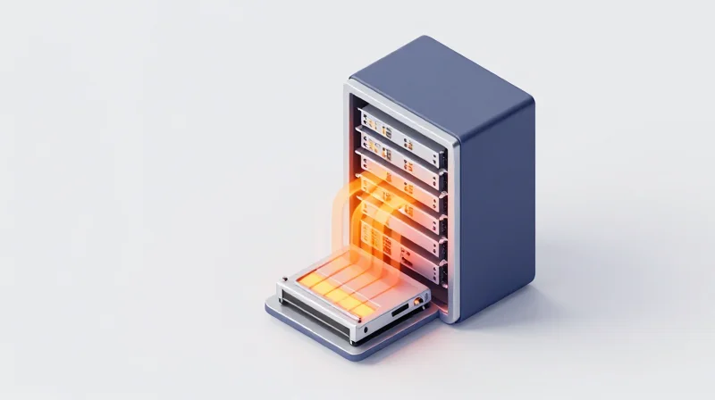 Isometric 3D model of a high-density server module showing heat dissipation and thermal management.
