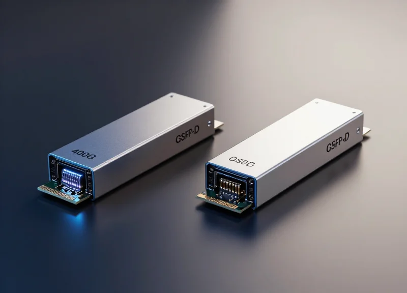 Side-by-side comparison of two distinct 400G optical transceiver modules on a reflective dark surface with professional technical lighting.