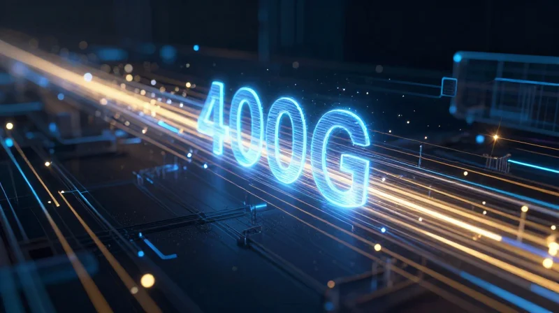 The Rise of 400G: Navigating the Next Era of Connectivity Abstract data visualization showing high-speed 400G network flows with glowing fiber optic lines.