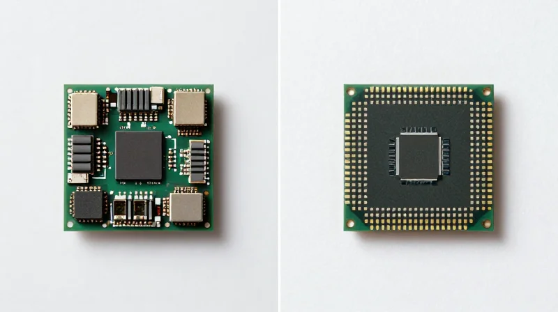 Silicon Photonics vs. Traditional Optics: The Ubytelink Edge Side-by-side comparison of a complex multi-component assembly and a clean integrated silicon photonic chip.