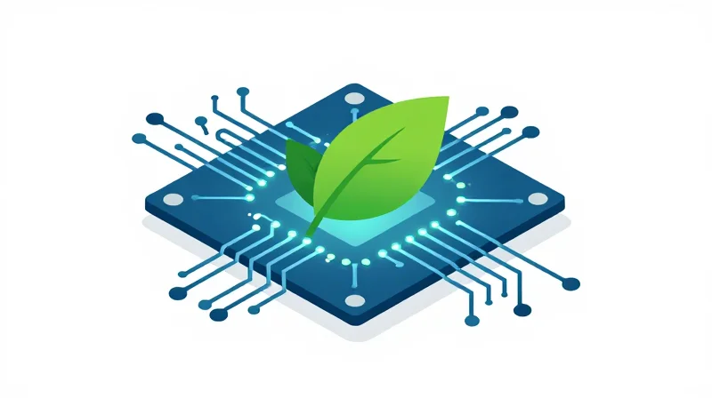 Unmatched Energy Efficiency: Slashing Power Consumption Vector illustration showing a circuit board with integrated green leaf motifs representing low power consumption.