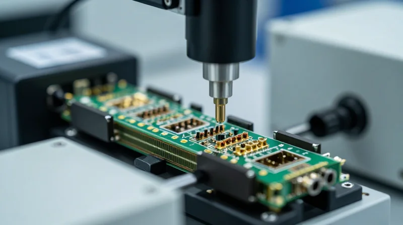 Engineered for Reliability: Mission-Critical Performance Photorealistic close-up of a high-tech optical module being tested in a professional laboratory setting.