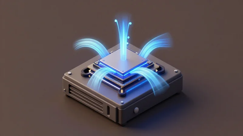 Thermal Management in High-Density Deployments Isometric 3D illustration of network hardware showing thermal management pathways and cooling components.