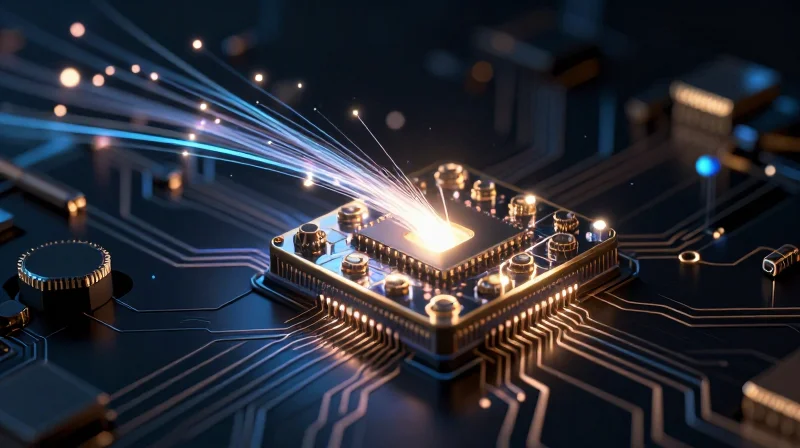 Abstract visualization of silicon photonics technology with glowing light signals on a semiconductor circuit.
