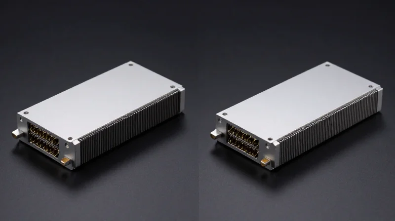 Side-by-side comparison of two high-performance optical transceiver modules on a professional studio background.
