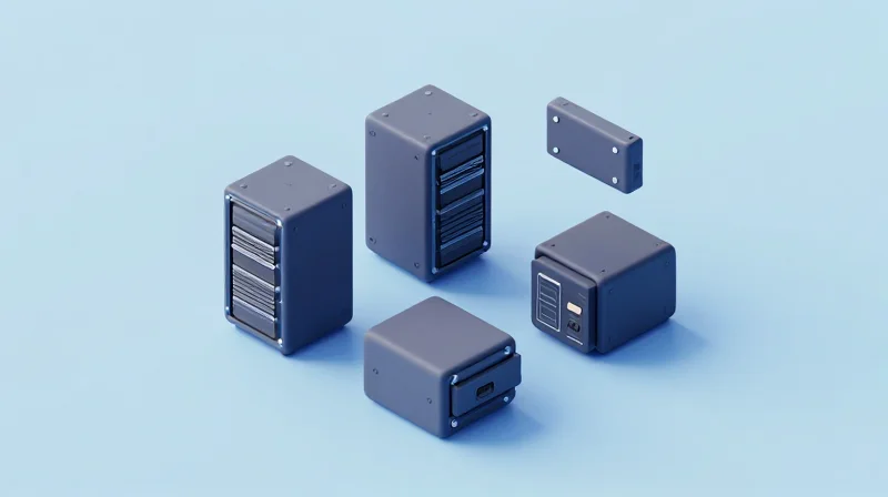 Isometric 3D model showing a modular network system with custom components.