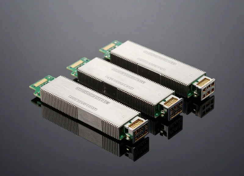 A professional studio shot of multiple high-speed 400G silicon photonics modules arranged neatly to represent wholesale availability.