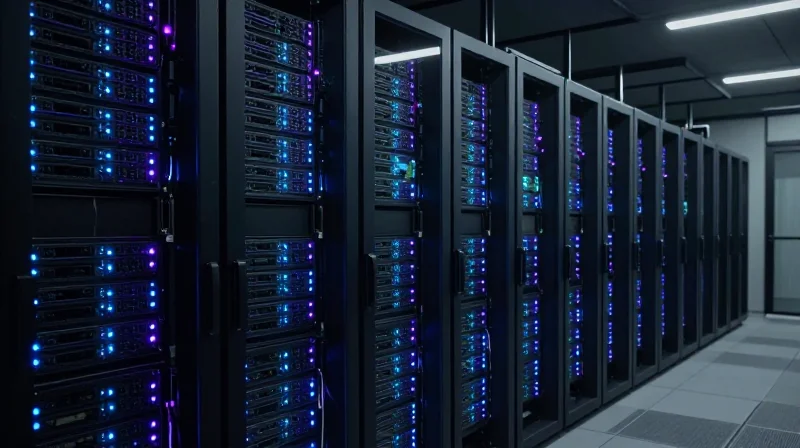 A modern hyperscale data center aisle with glowing servers representing AI workloads.