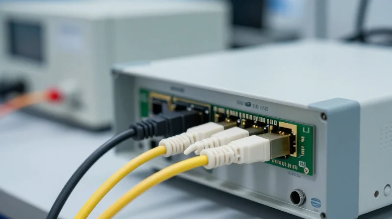 Close-up of a 400G transceiver being tested with laboratory equipment.