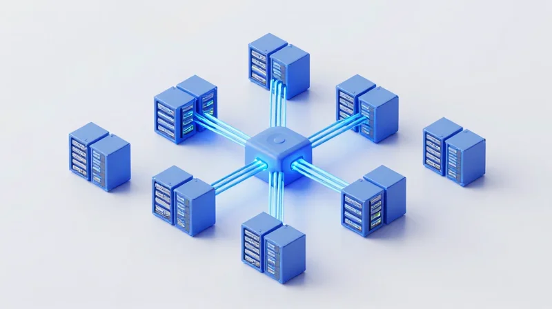 Architecture and Deployment Strategies 3D isometric illustration of a leaf-spine network architecture in a modern data center.