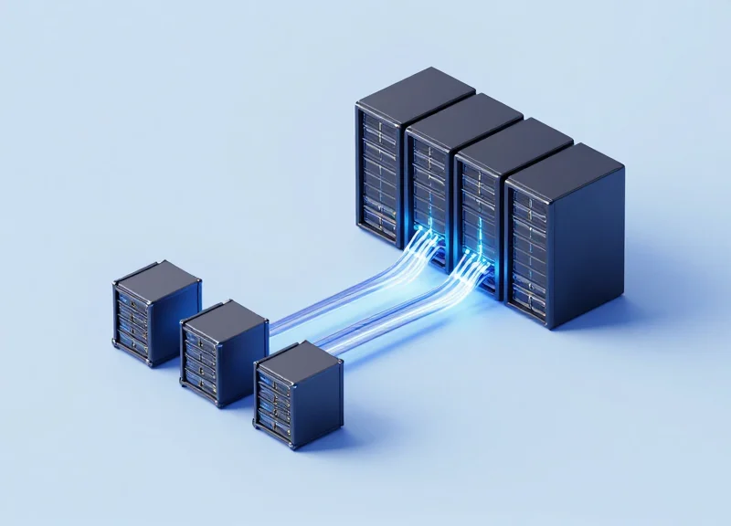 An isometric 3D illustration of two modern data center facilities connected by high-speed glowing light trails, representing technical data center interconnectivity.