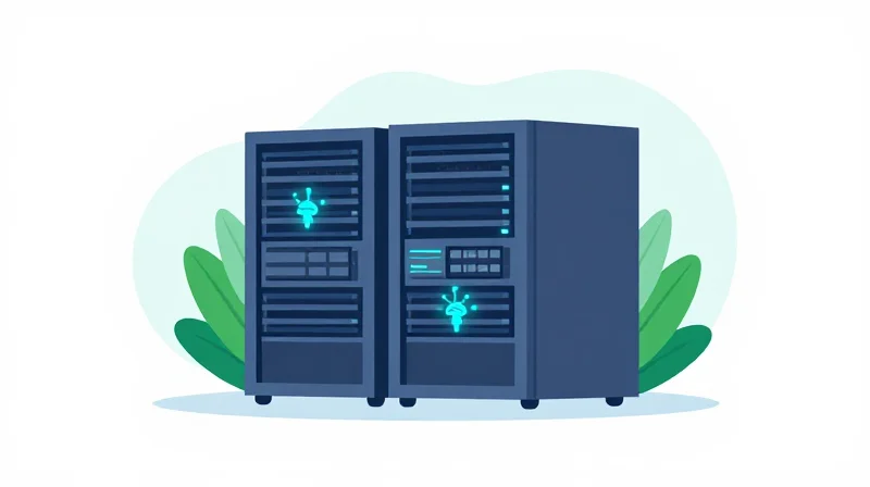 Power Consumption: The Sustainability Factor Minimalist illustration of an eco-friendly data center server rack with green energy themes.