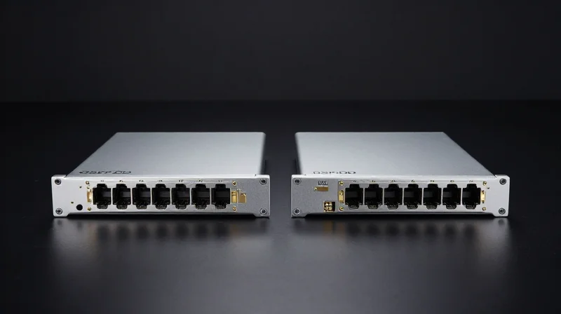 Form Factors and Flexibility: QSFP-DD vs. OSFP Two different types of network transceiver form factors shown side-by-side on a professional desk.