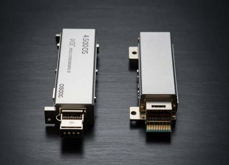 A professional side-by-side comparison of two high-speed fiber optic transceiver modules on a dark reflective tech surface, representing modern 400G hardware vs alternative networking components.