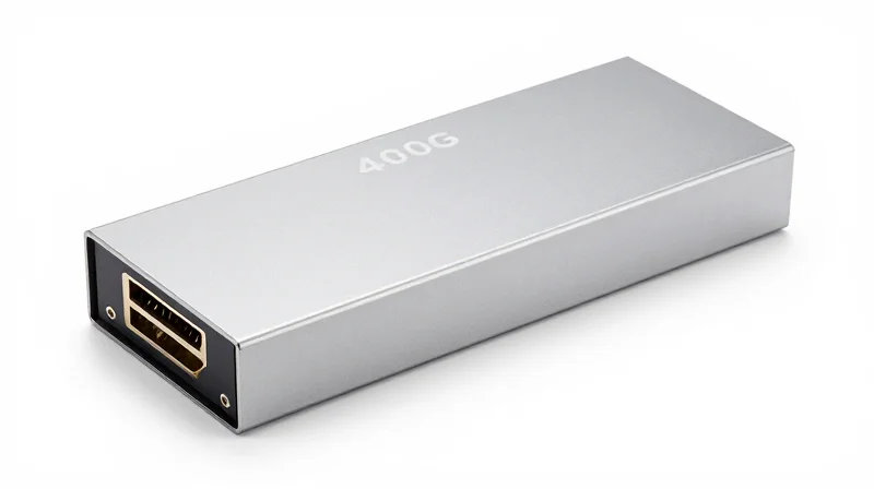 Ubytelink Engineering: Built for Mission-Critical Performance A close-up of a high-performance 400G optical transceiver module on a white background.