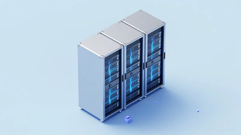 Energy Efficiency and Thermal Management Isometric 3D model of a server rack showing thermal management and airflow.