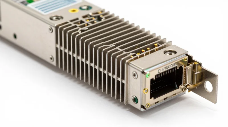 A high-detail macro shot of a 400G transceiver's technical components and finish.