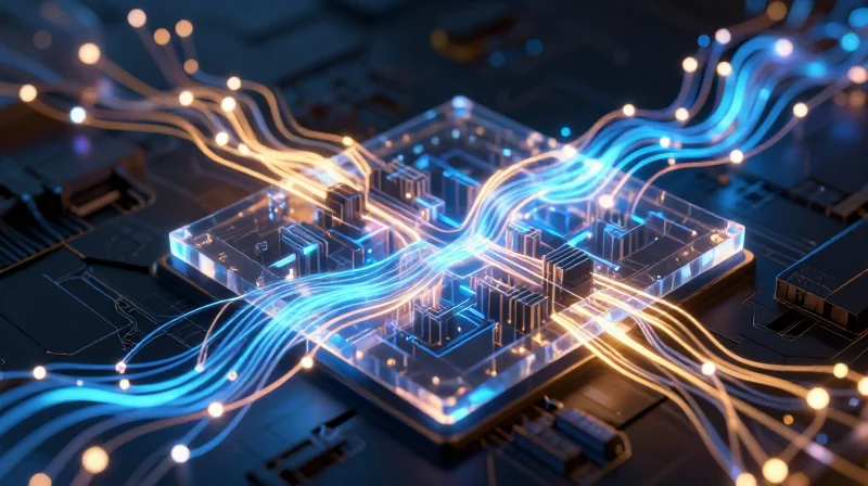 Silicon Photonics: Revolutionizing Optical Interconnect Efficiency Abstract tech visualization of silicon photonics with light pulses flowing through a circuit.