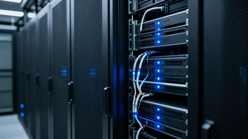 Cooling and Thermal Management in High-Density Racks A high-density data center rack with liquid cooling systems and blue LED status lights.